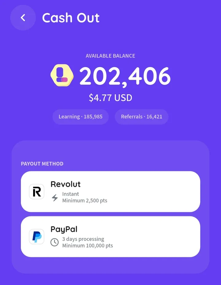 Lingoodie cash out method selection screen