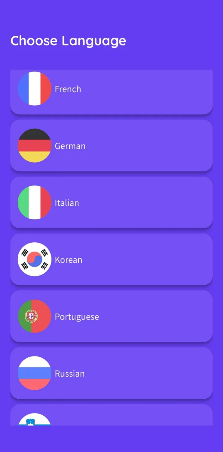 Lingoodie app screen: Pick a language