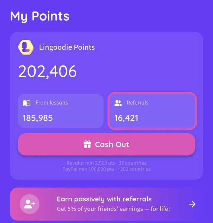 Lingoodie My Points screen showing lesson and referral points